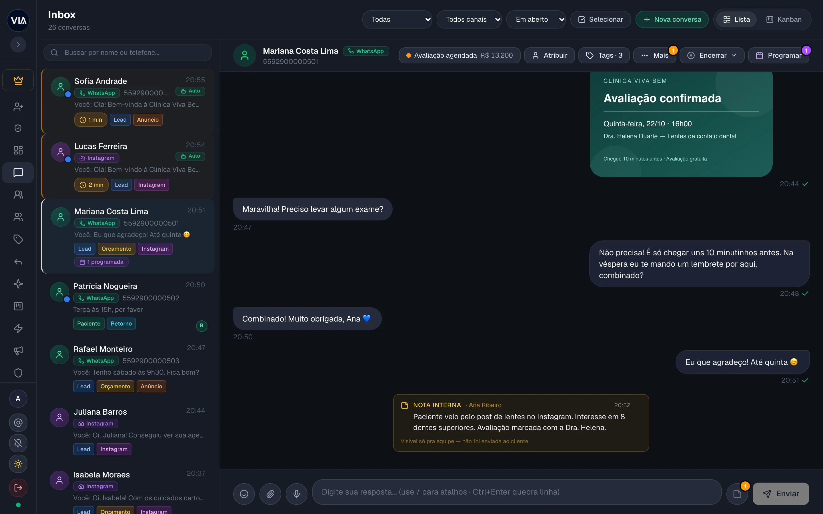 Inbox VIA Flow — conversas multicanal