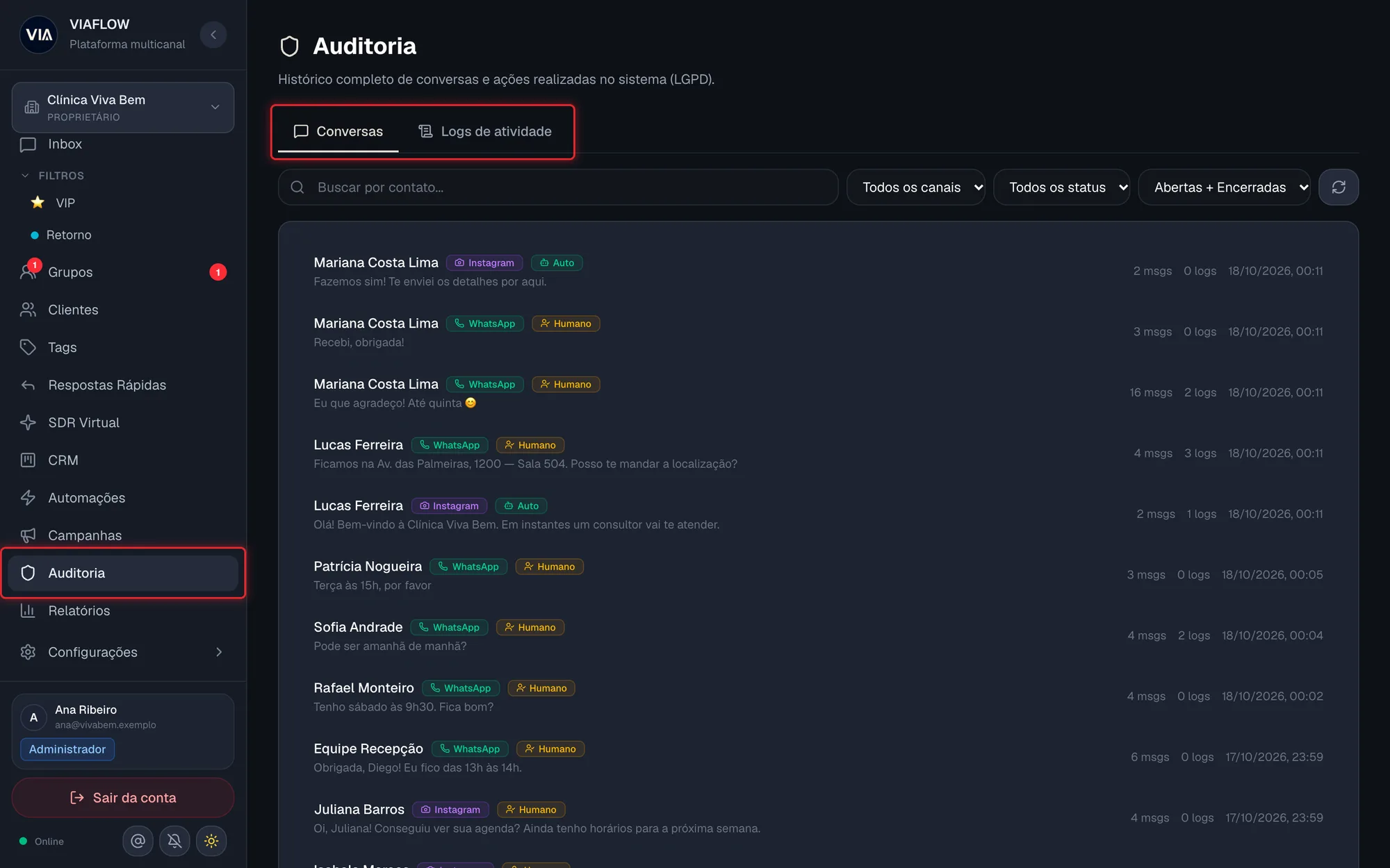 Tela de Auditoria com as duas abas