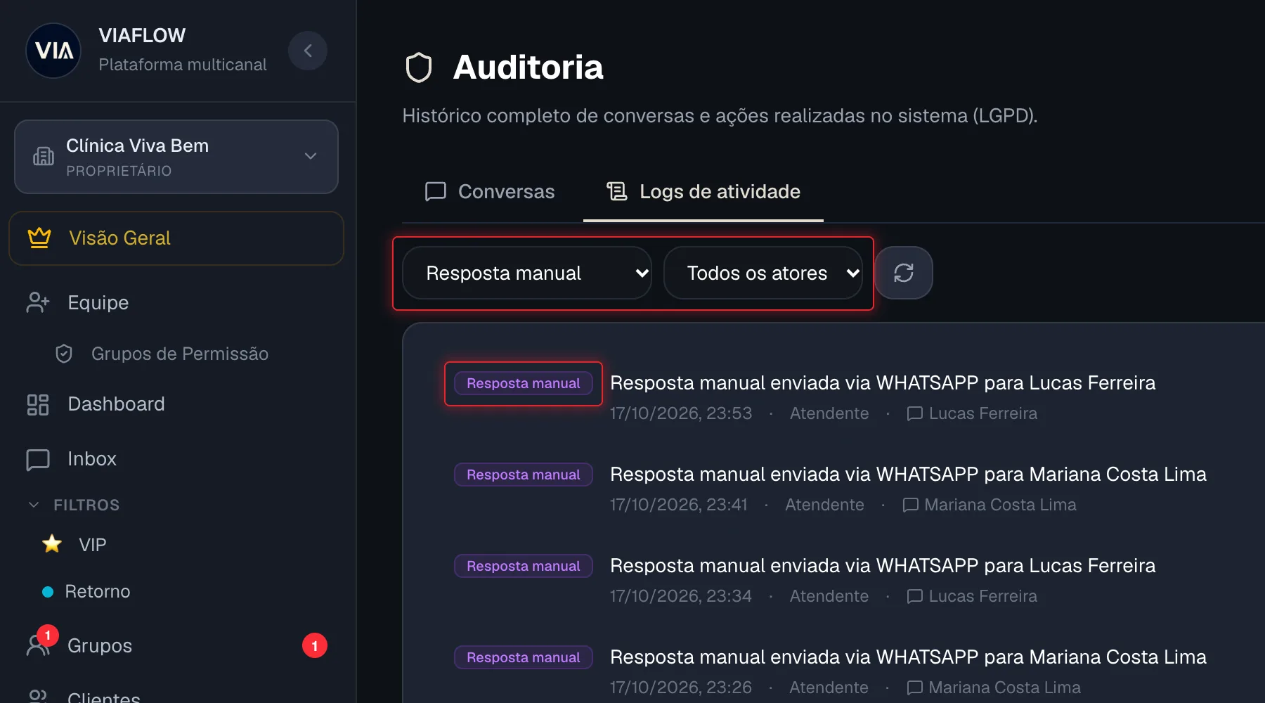 Aba Logs de atividade com os filtros