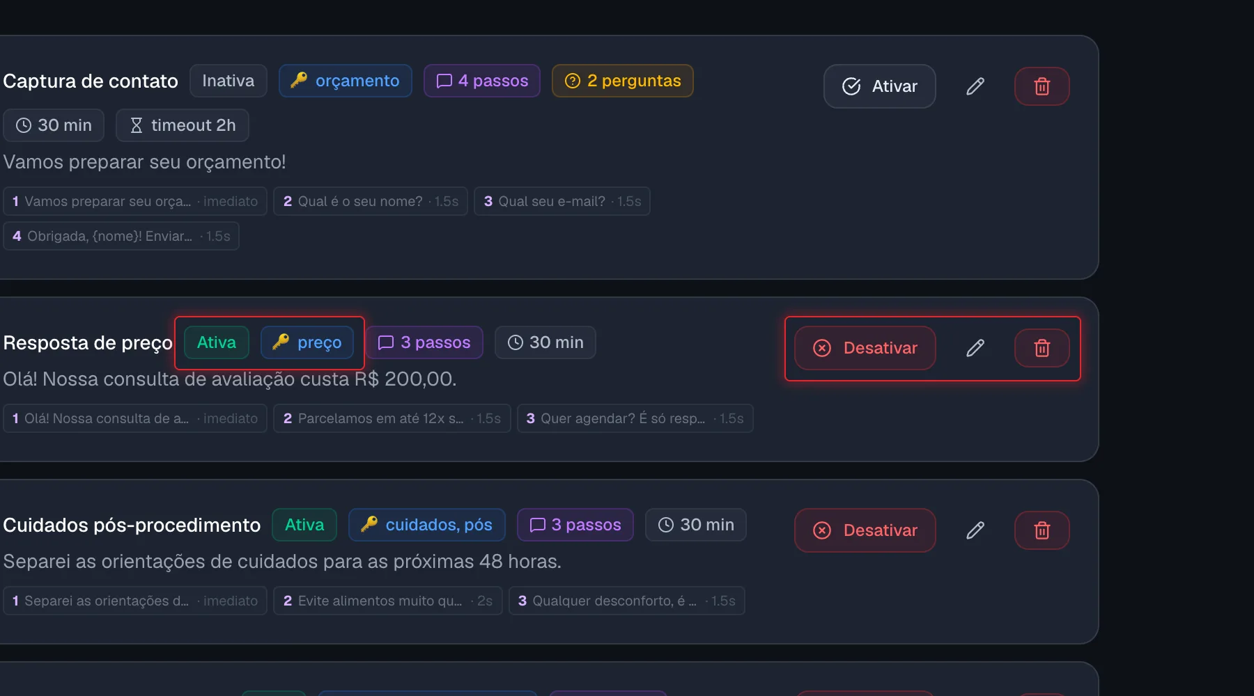 Linha de uma automação com os botões Desativar, editar e excluir