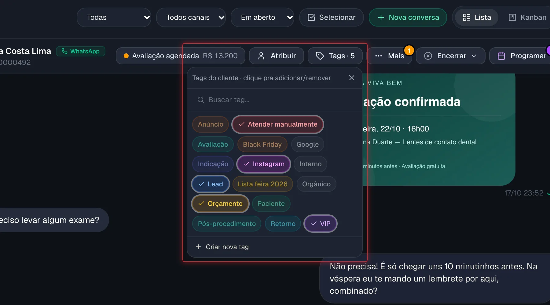 Lista de tags do cliente com a etiqueta Atender manualmente marcada