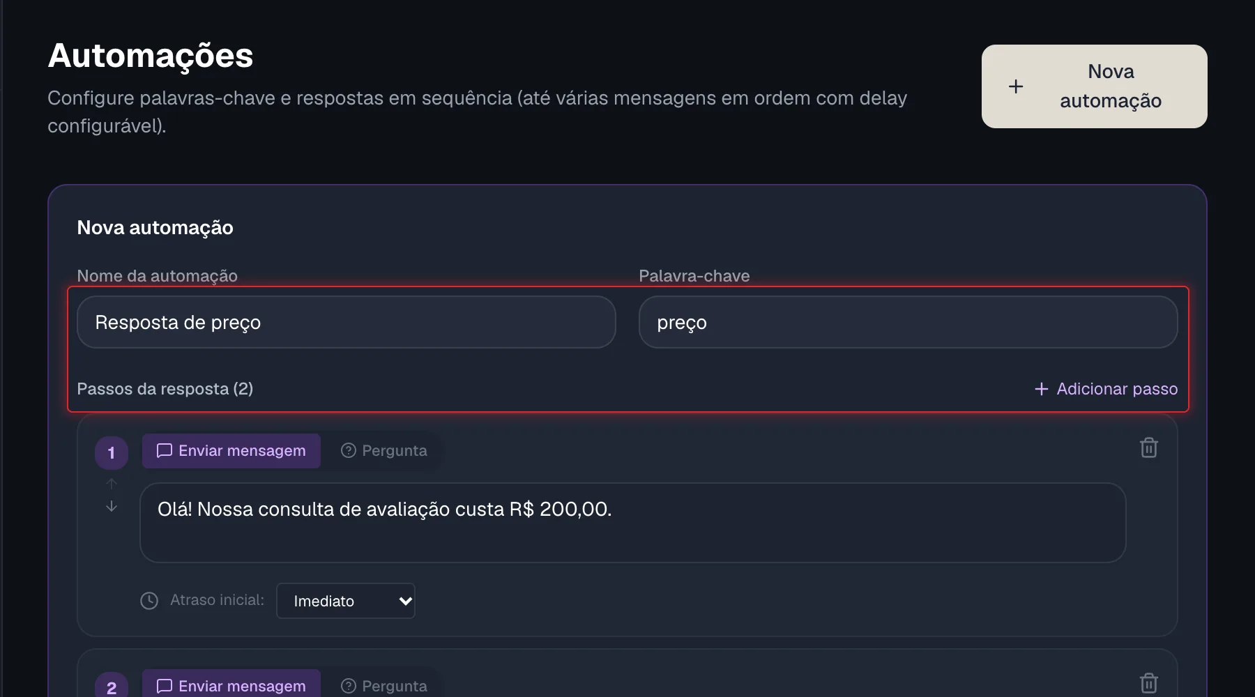 Formulário Nova automação com nome, palavra-chave e passos