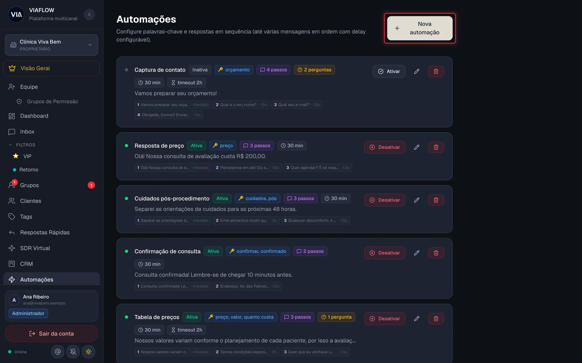 Tela Automações com o botão Nova automação