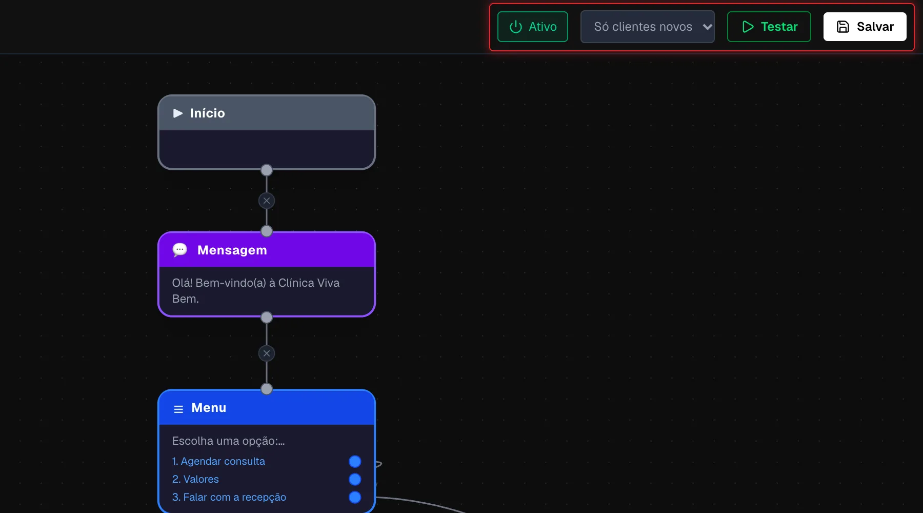 Barra superior do editor com Ativo, frequência, Testar e Salvar
