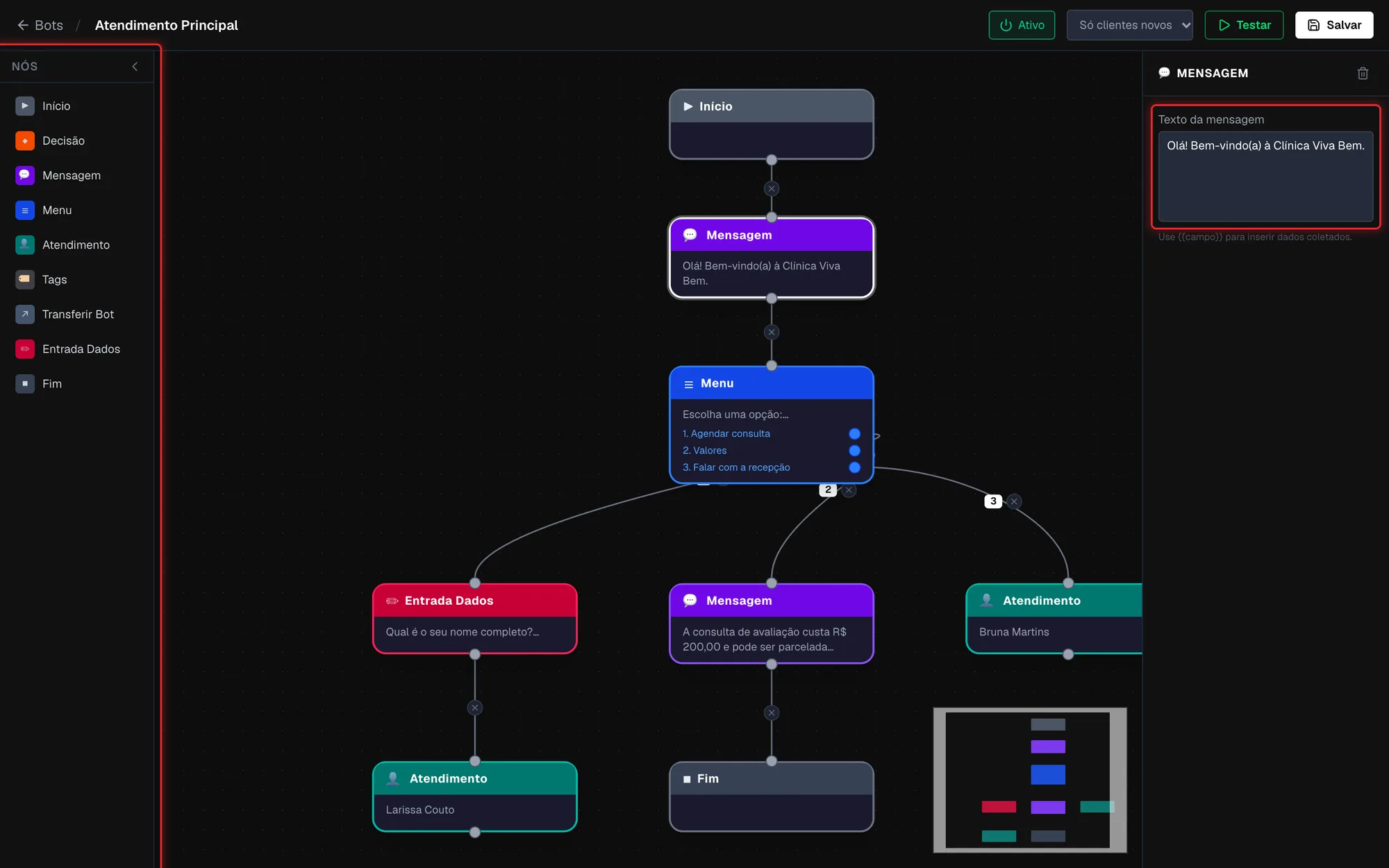 Editor de fluxo com a barra Nós, o quadro e o painel de configuração