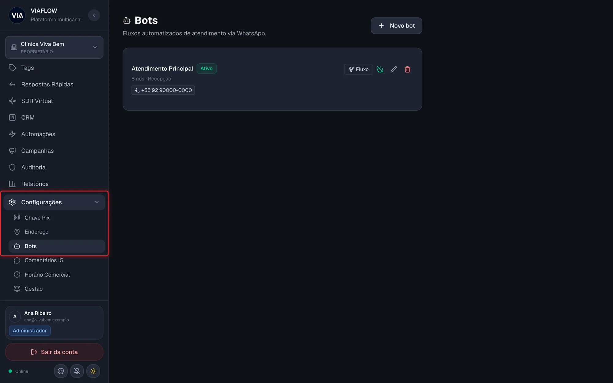 Menu Configurações aberto com o item Bots