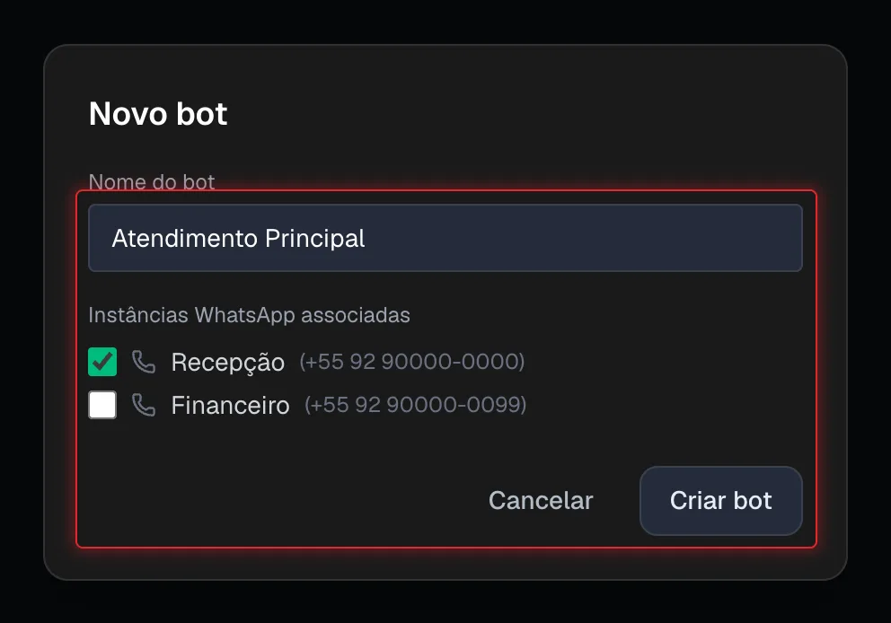 Janela Novo bot com nome e números de WhatsApp