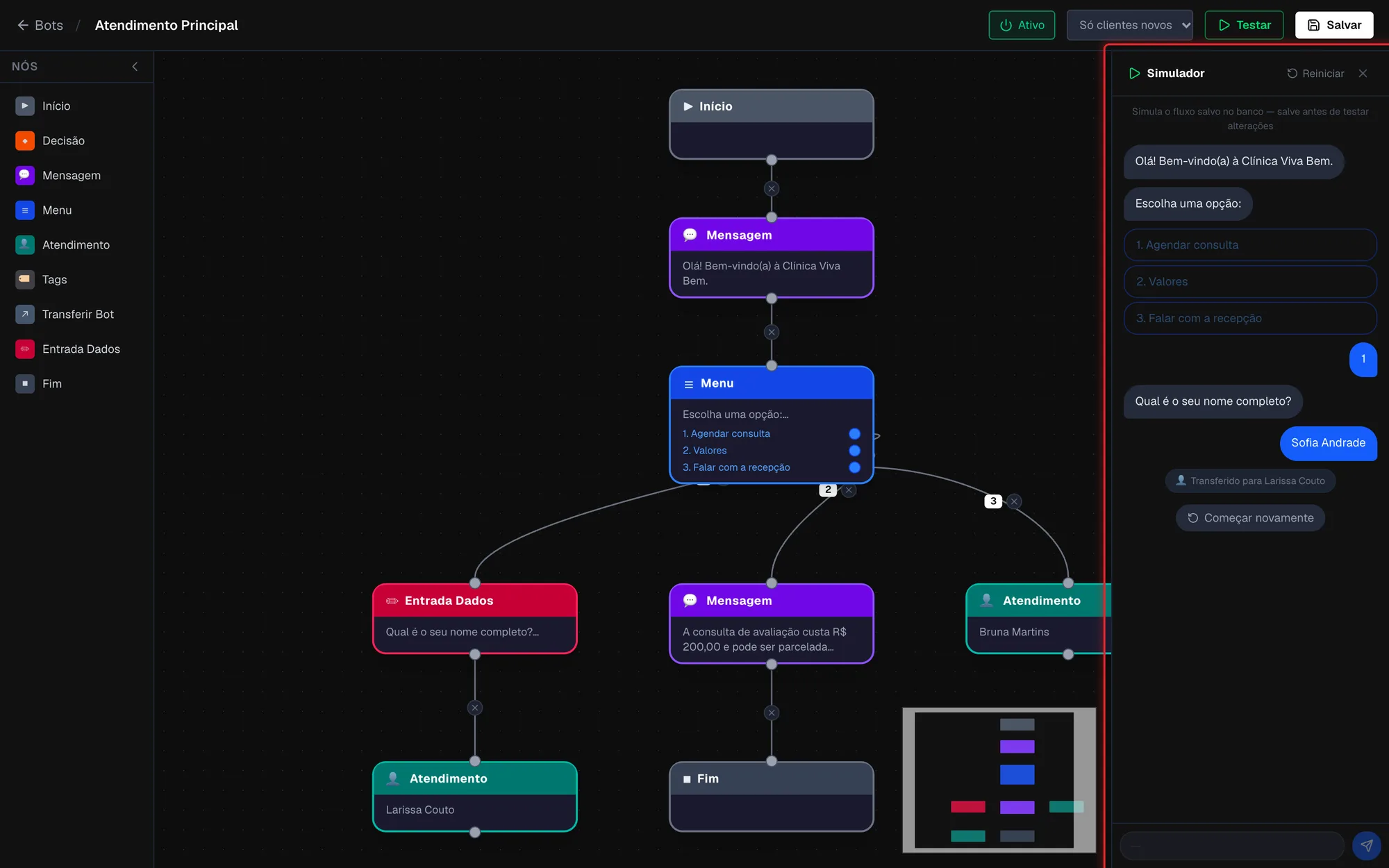 Simulador aberto à direita do editor com uma conversa de teste