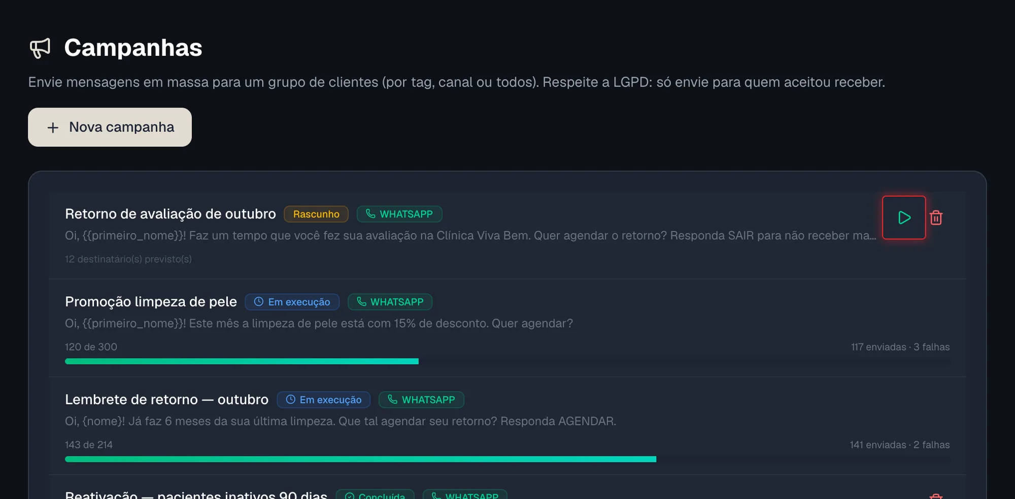 Botão Iniciar de uma campanha em rascunho