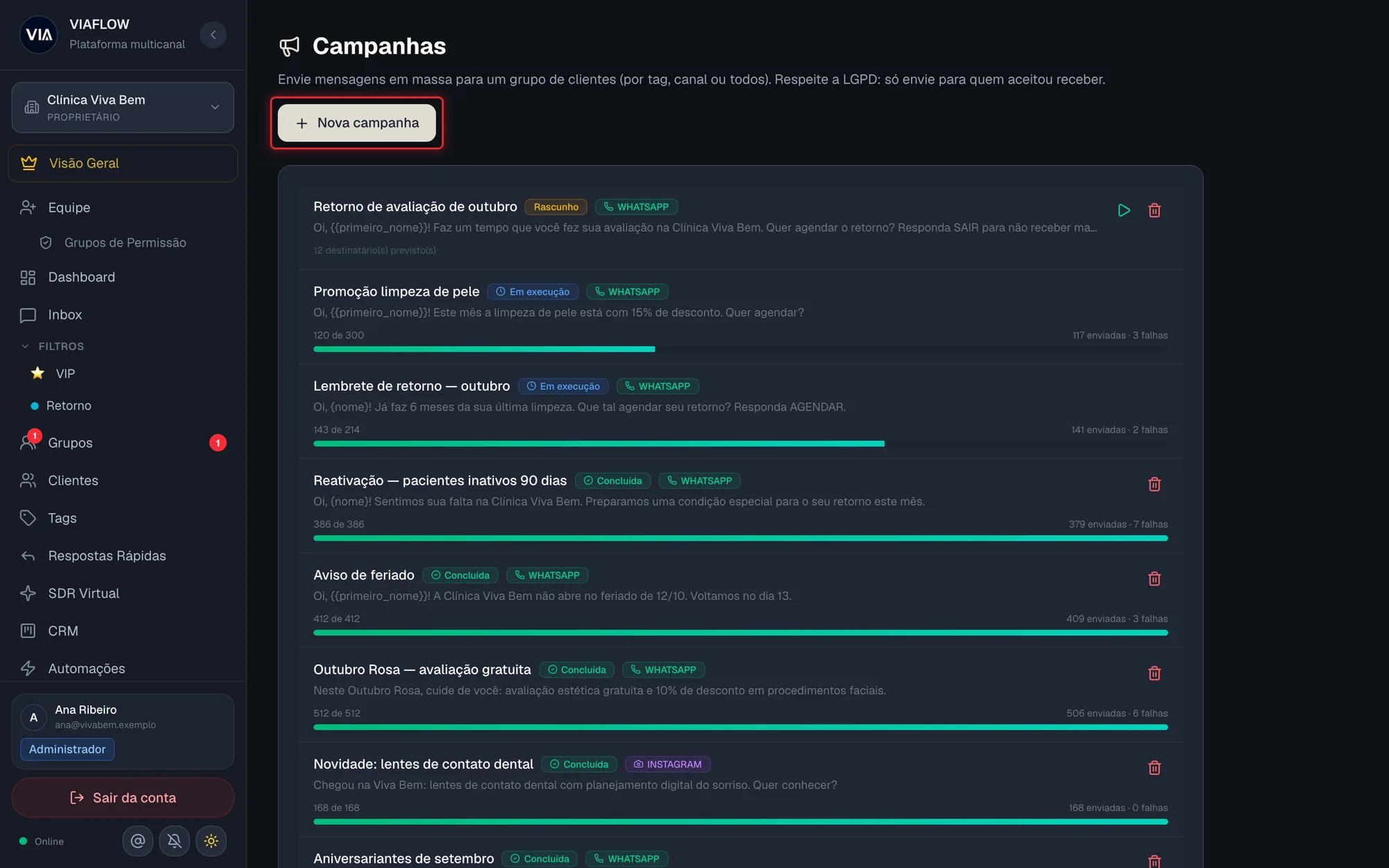 Tela Campanhas com o botão Nova campanha