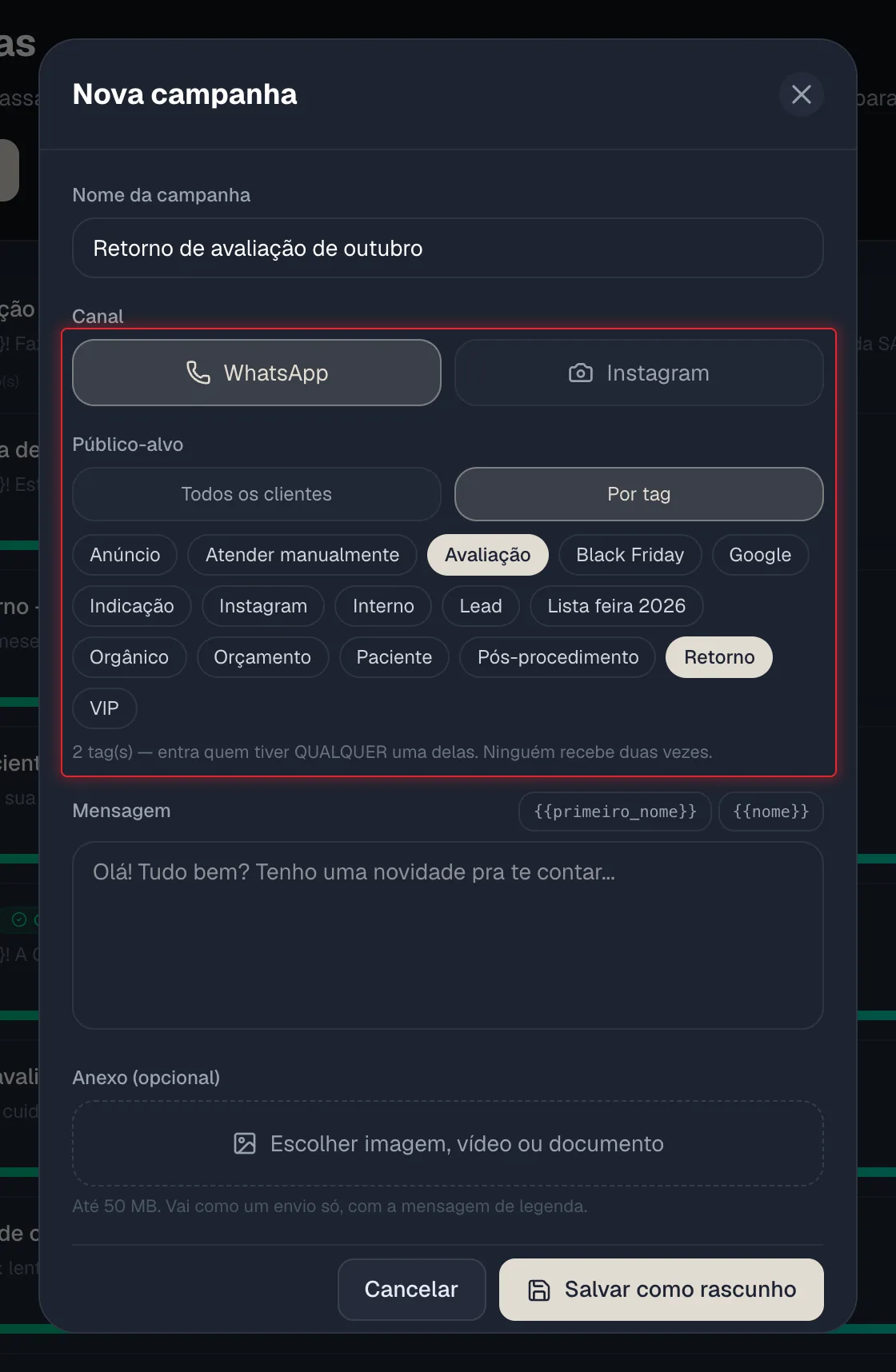Janela Nova campanha com Canal e Público-alvo por tag