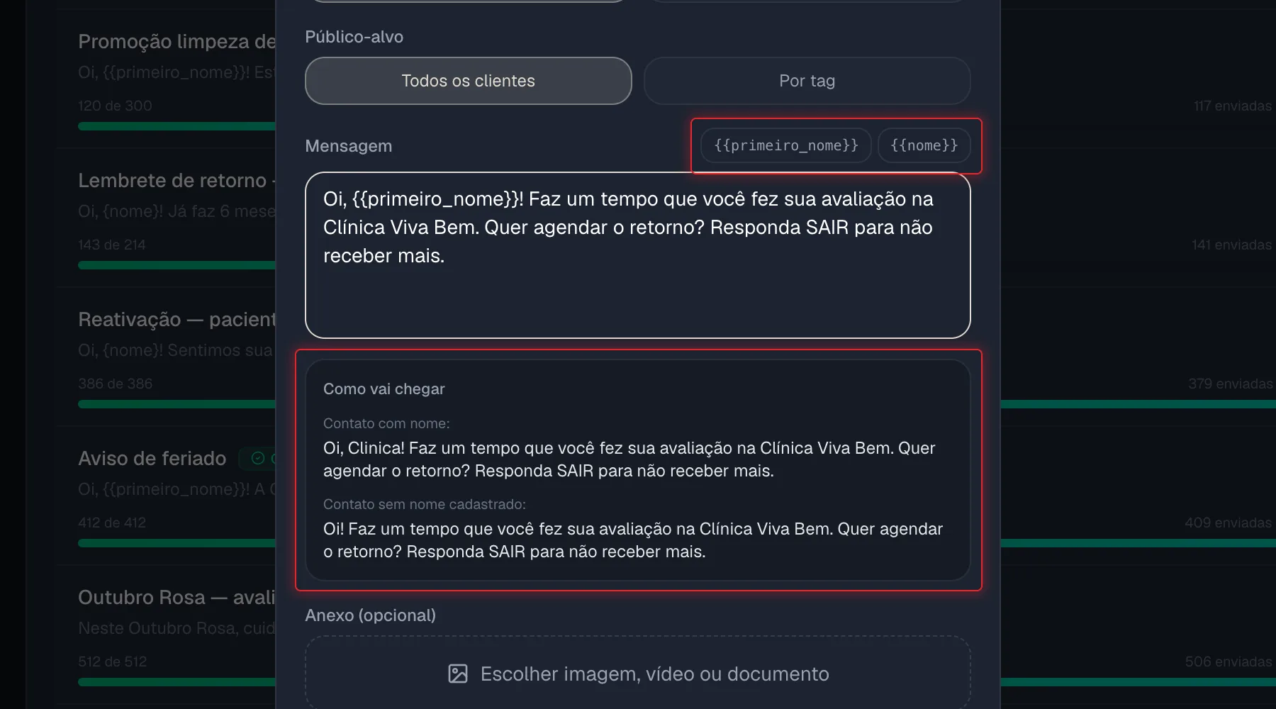 Campo Mensagem com os botões de variáveis e a prévia Como vai chegar