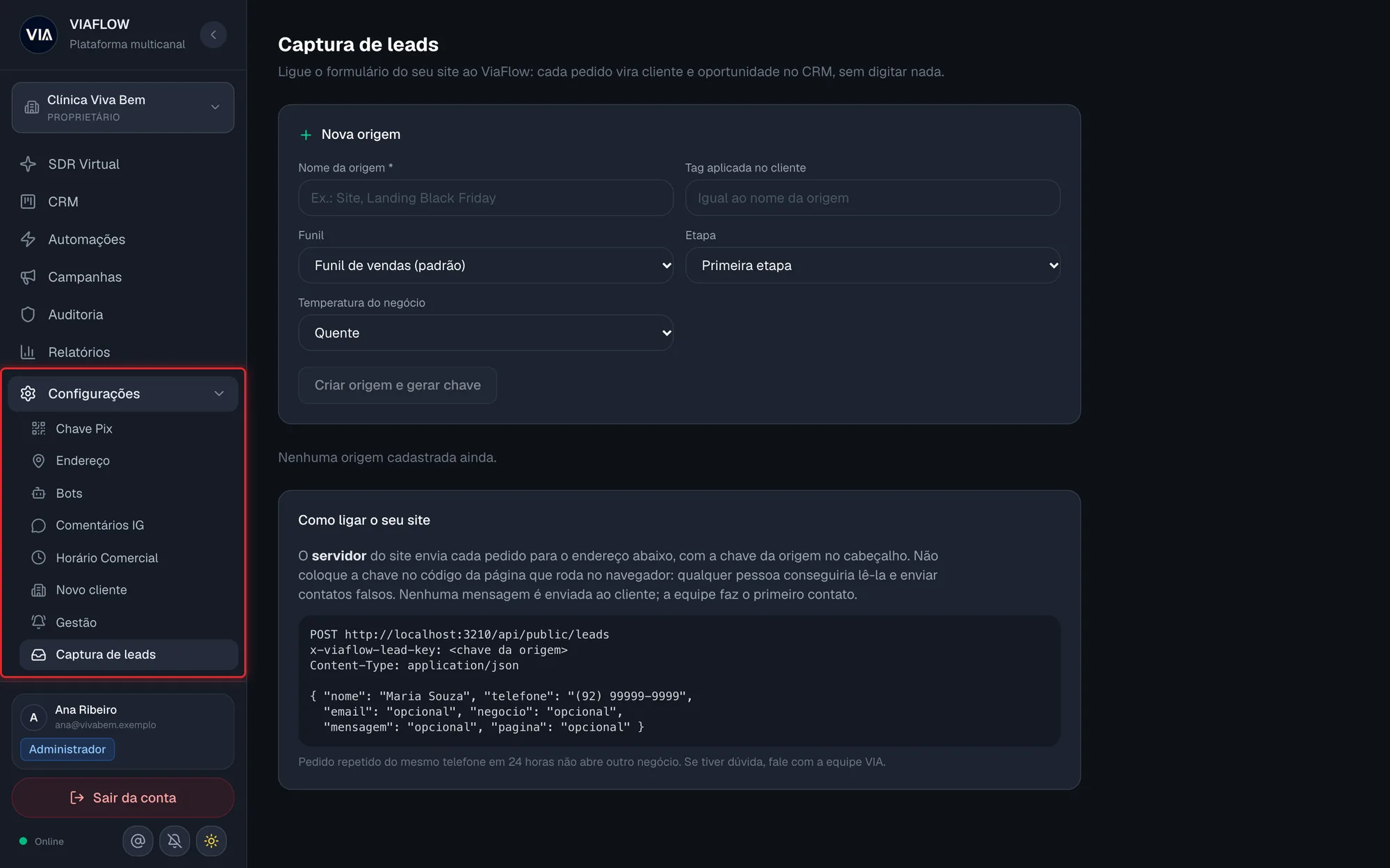 Item Captura de leads no menu Configurações