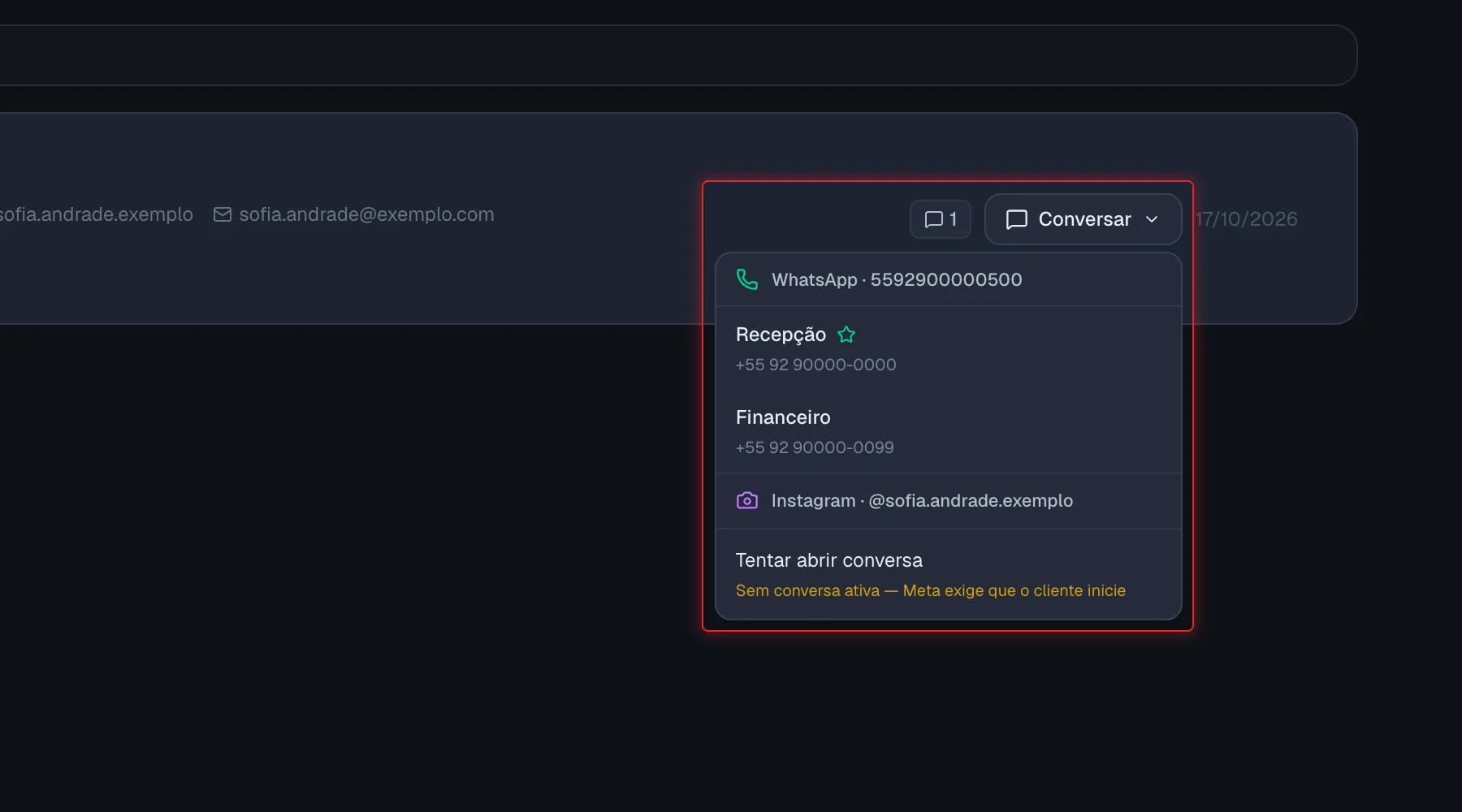 Lista de opções do botão Conversar com os números de WhatsApp e o Instagram