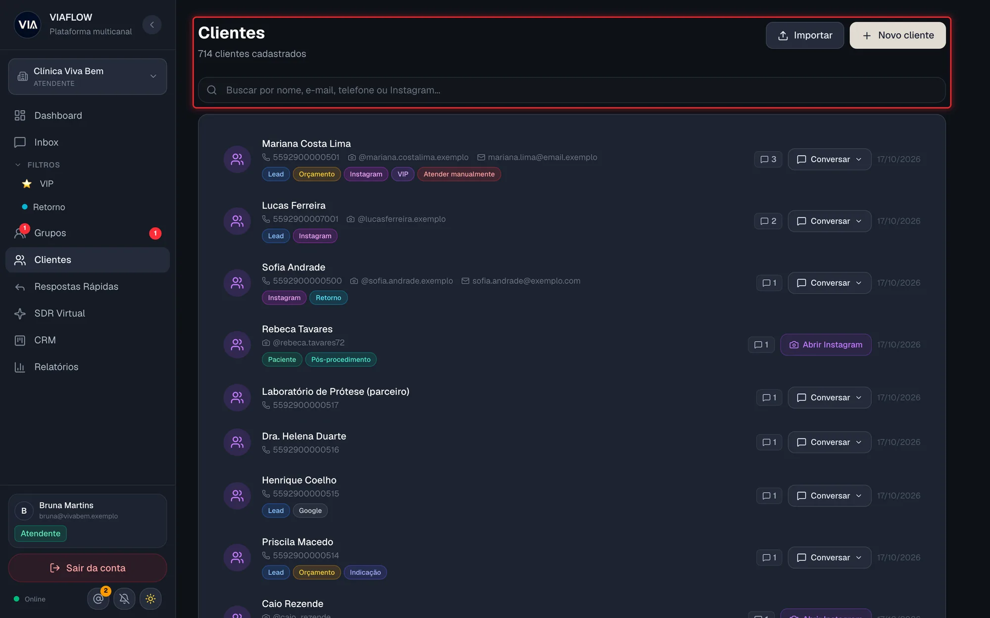 Tela Clientes com a busca, os botões Importar e Novo cliente e a lista