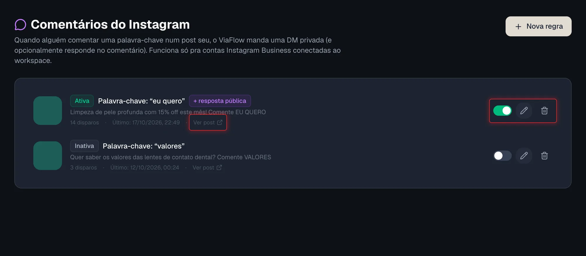 Linha de uma regra com o botão de liga/desliga, editar e remover