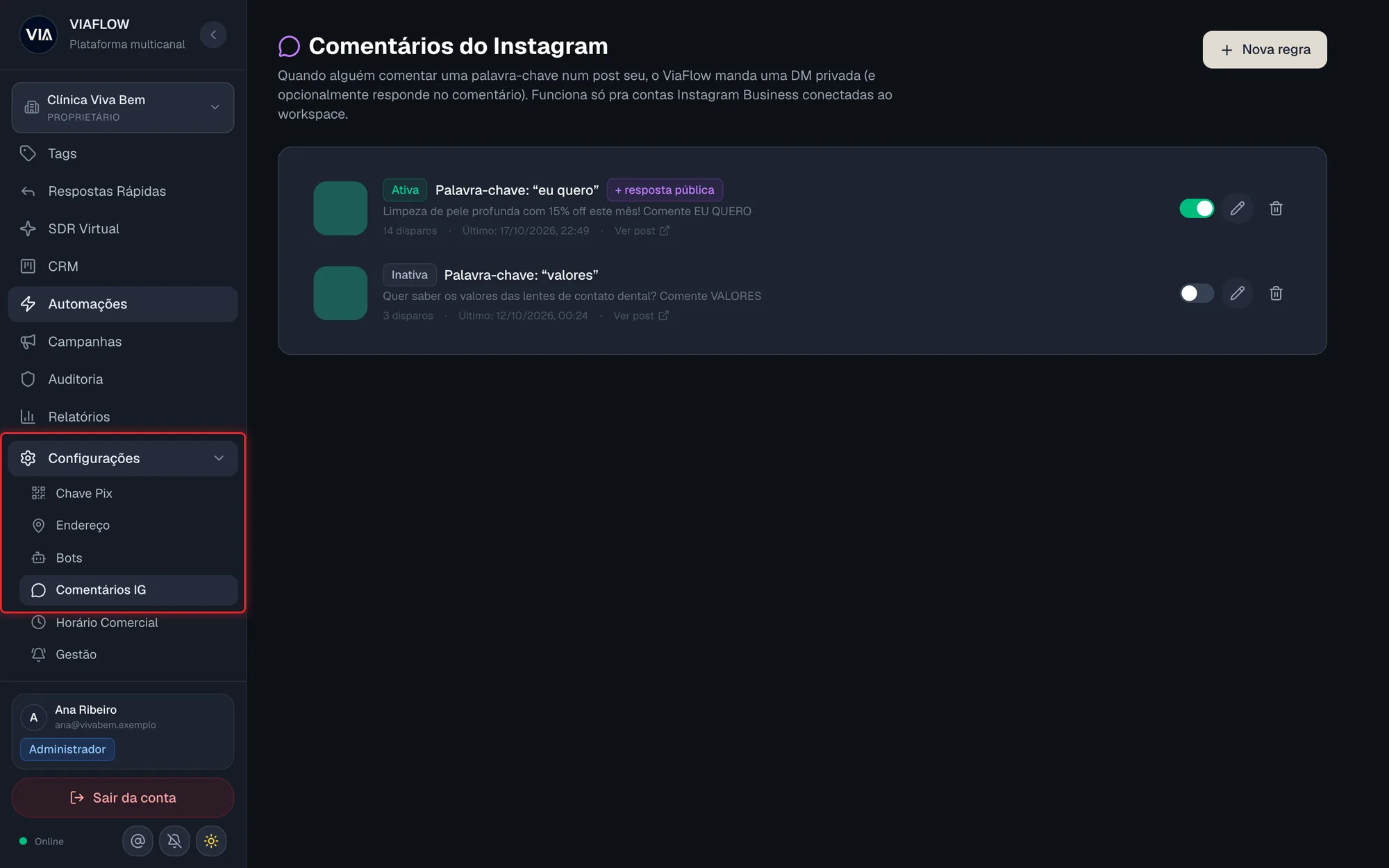 Menu Configurações aberto com o item Comentários IG