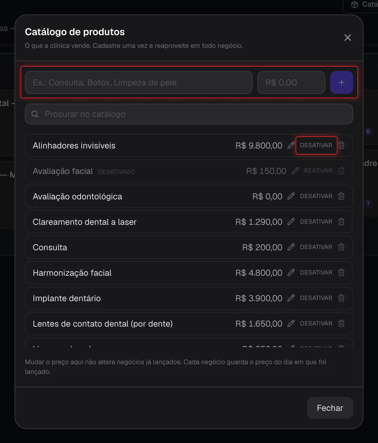 Janela Catálogo de produtos com campo de cadastro e lista