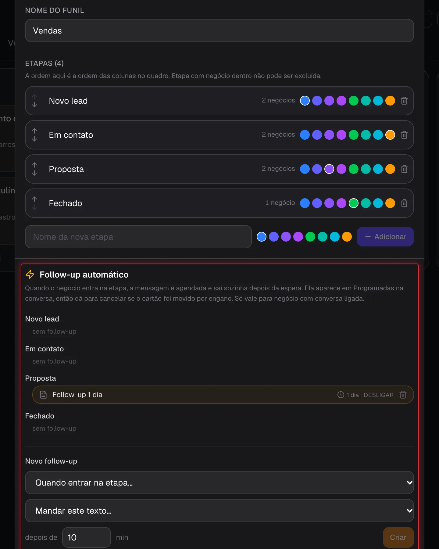 Seção Follow-up automático dentro de Gerenciar funil