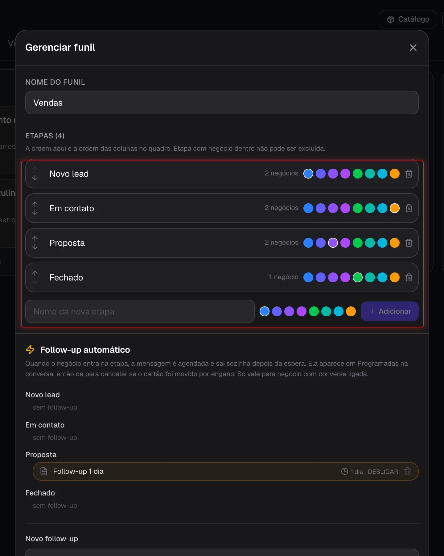 Janela Gerenciar funil com a lista de etapas