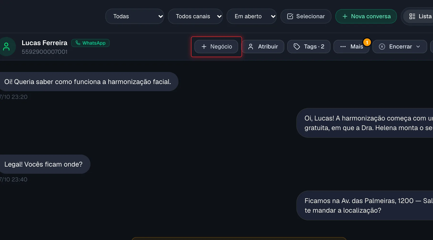 Botão Negócio no cabeçalho da conversa