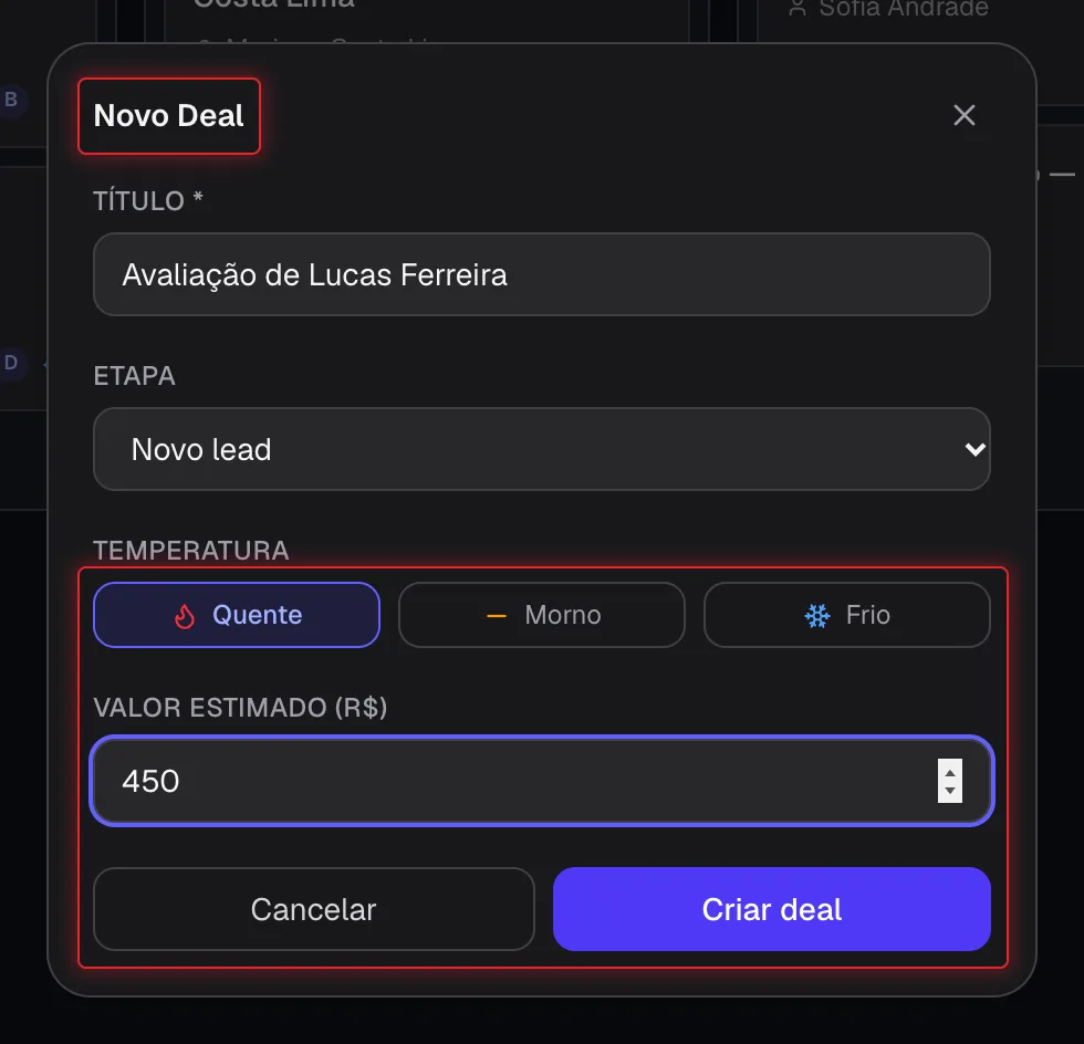 Janela Novo Deal com título, etapa, temperatura e valor
