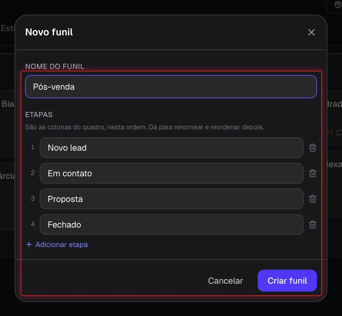 Janela Novo funil com nome e lista de etapas