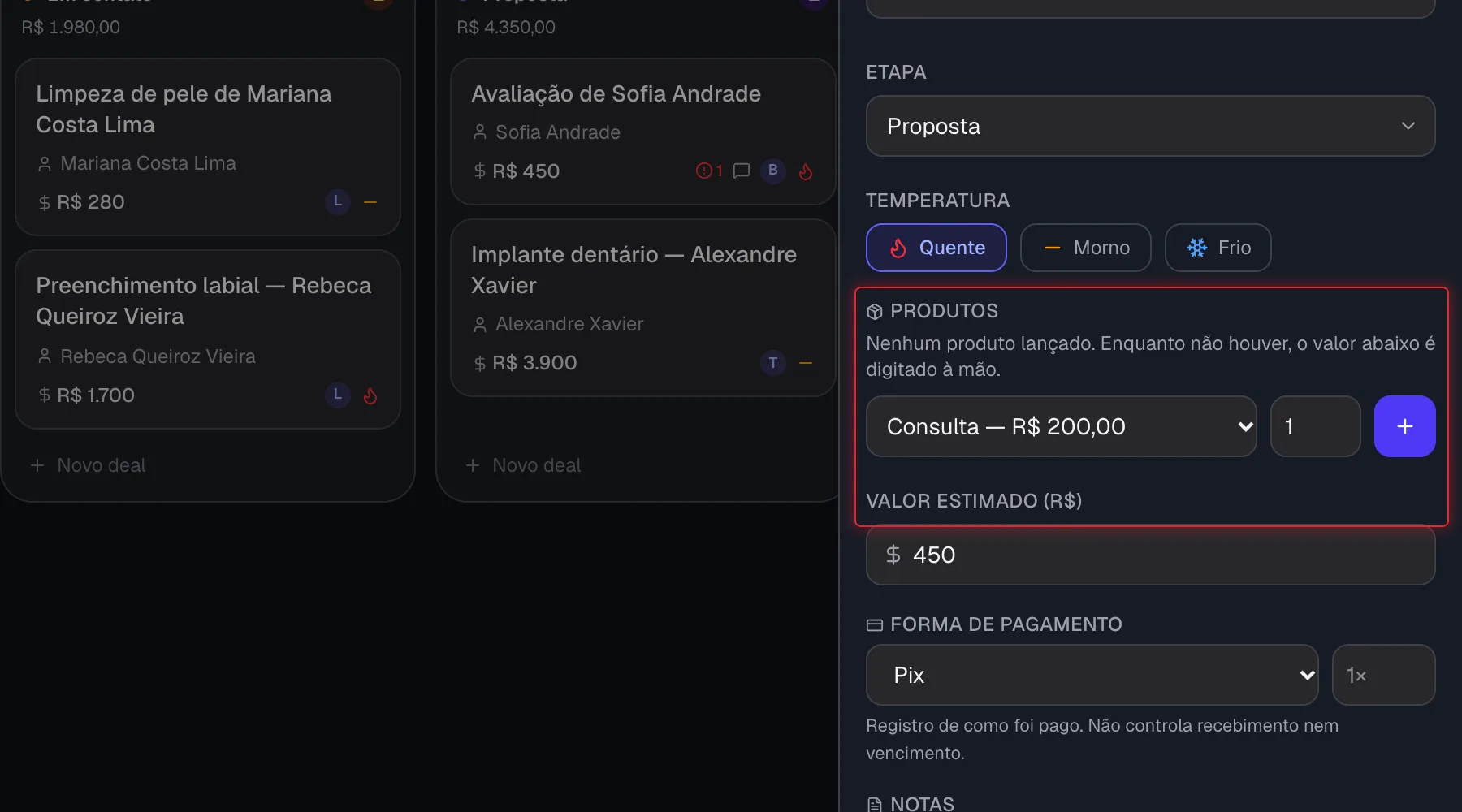 Seção Produtos do painel do negócio com produto lançado