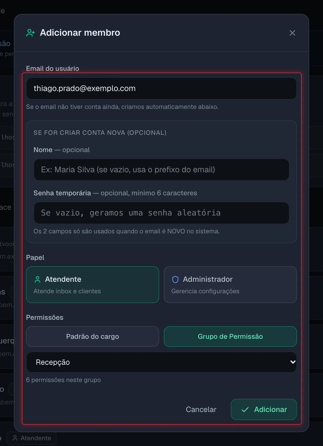 Janela Adicionar membro