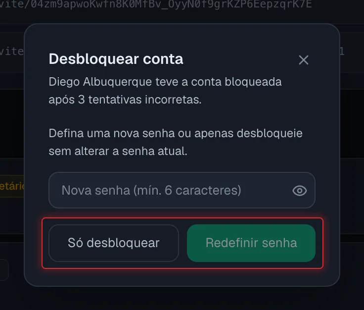 Janela Desbloquear conta