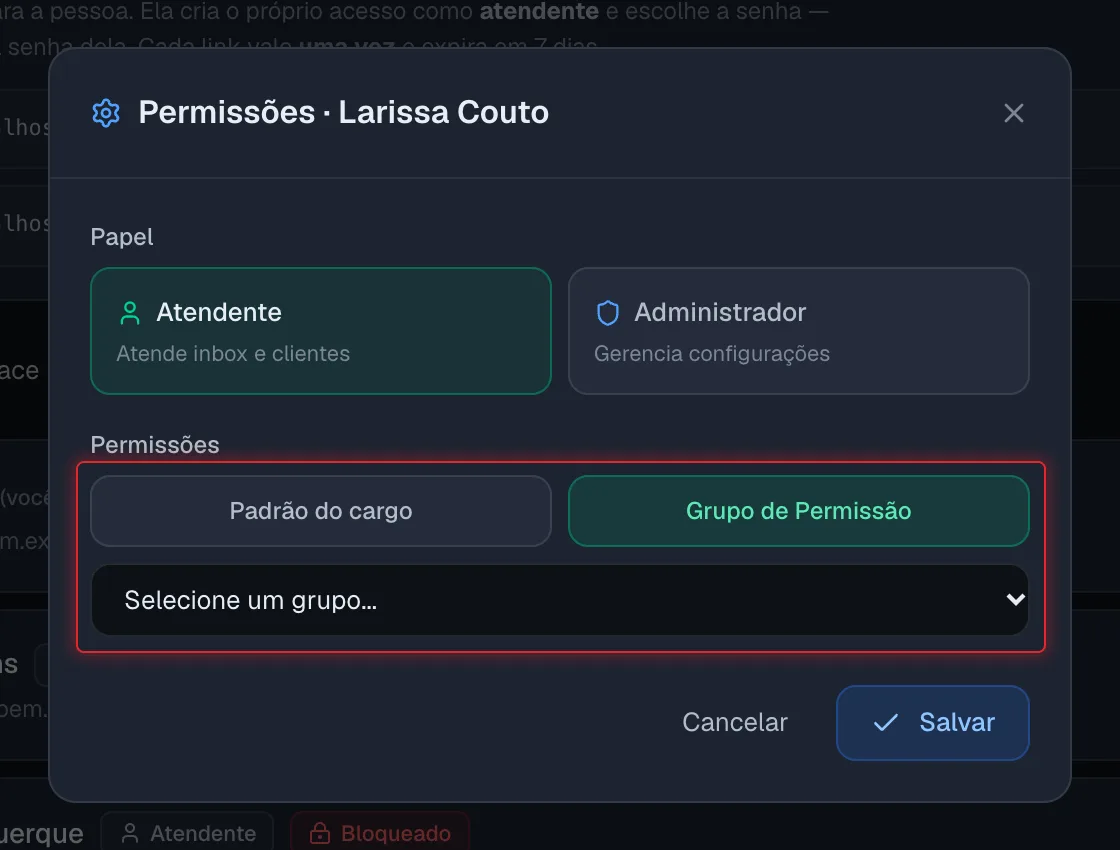 Janela de permissões de um membro