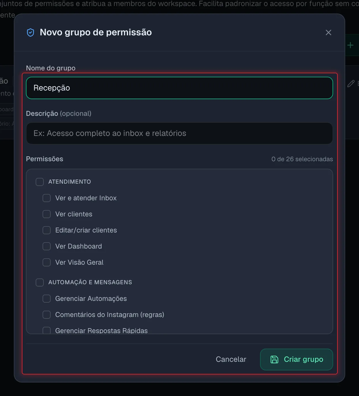 Janela Novo grupo de permissão