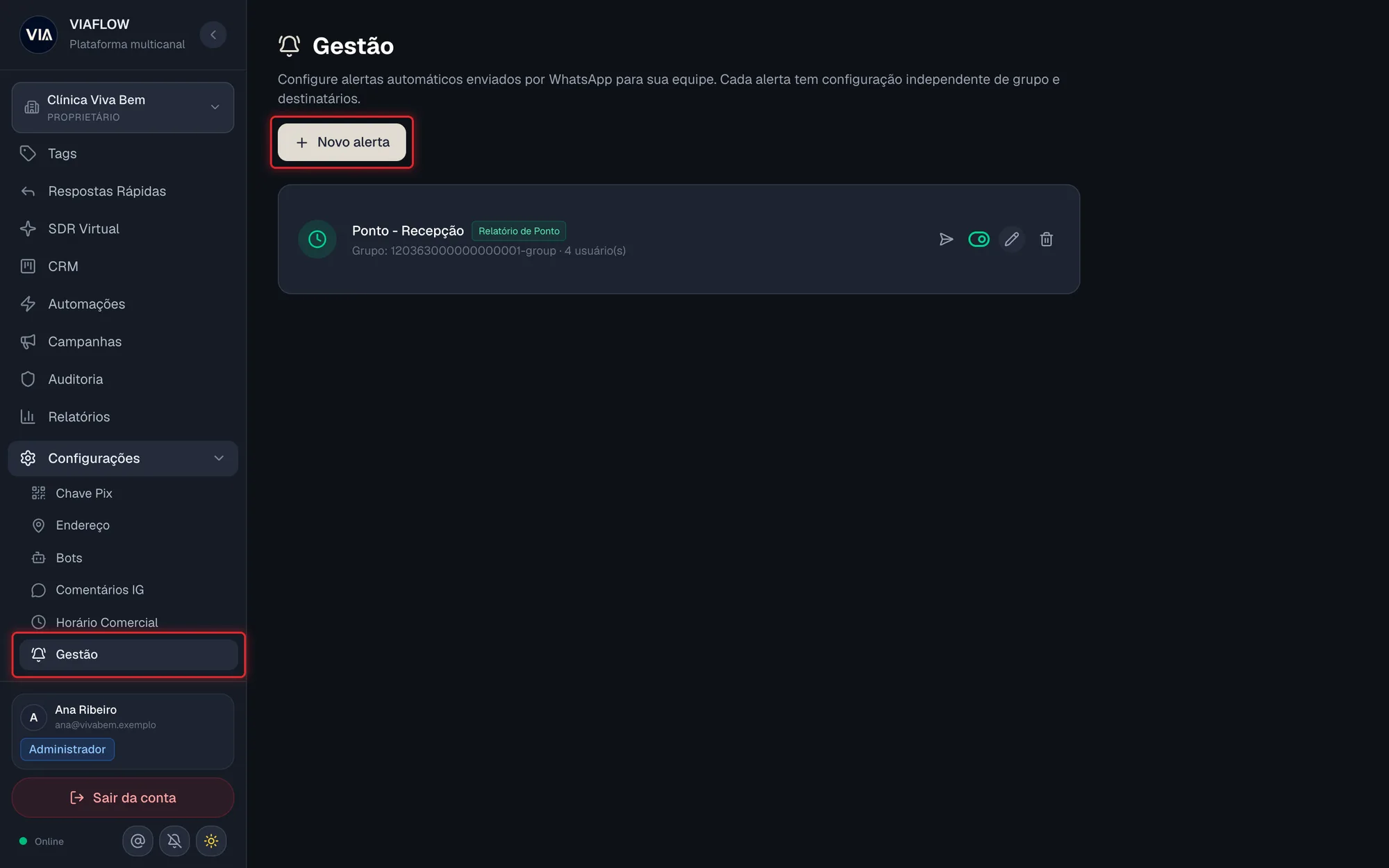 Item Gestão dentro de Configurações