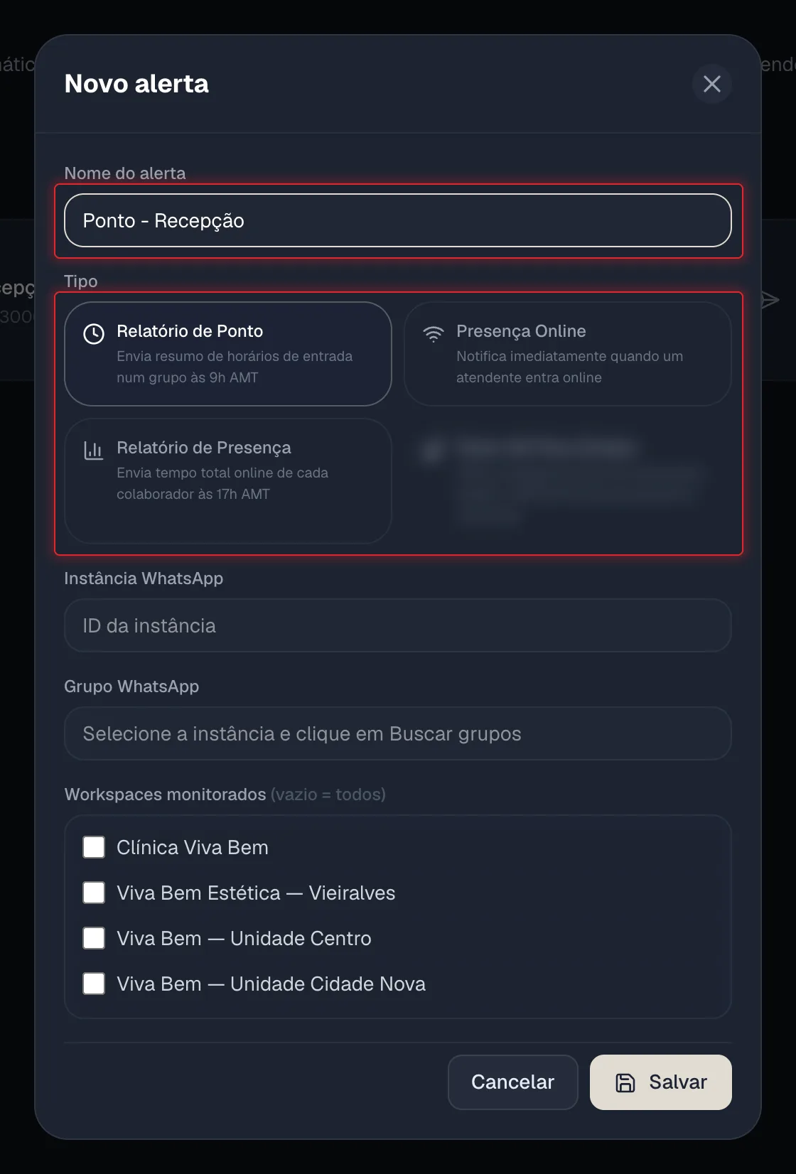 Janela Novo alerta com os tipos