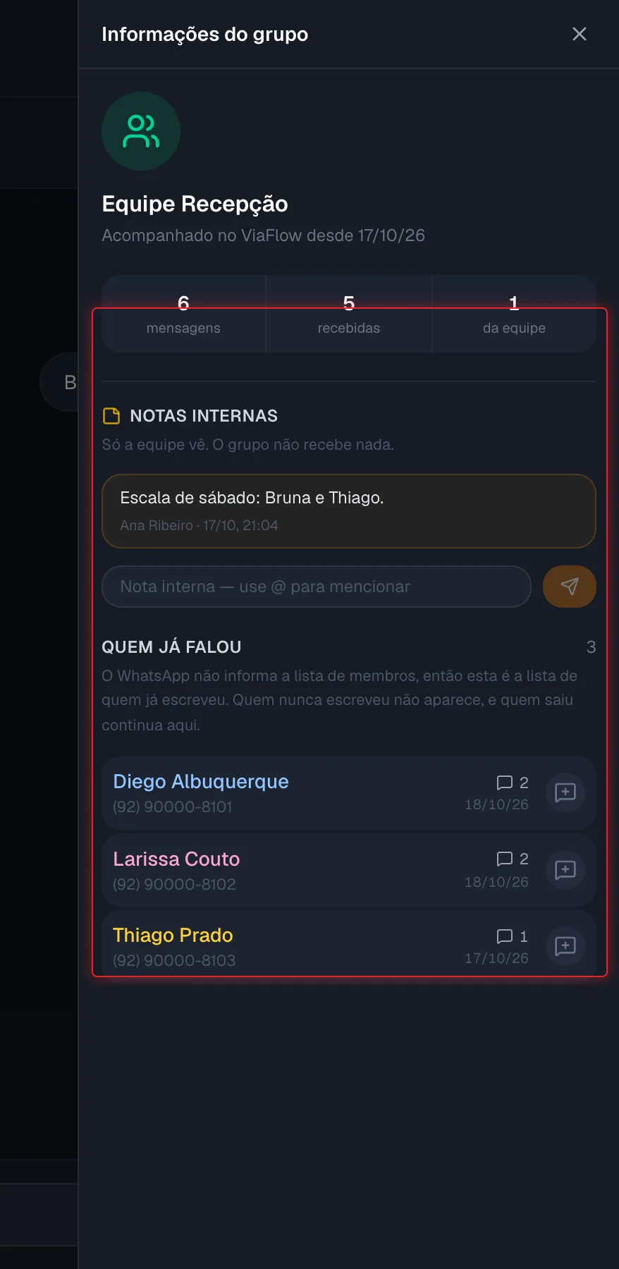 Painel Informações do grupo com totais, notas internas e a lista Quem já falou