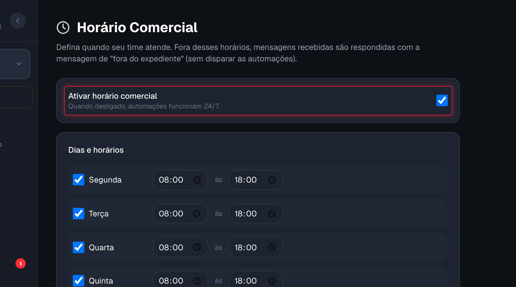 Caixa Ativar horário comercial