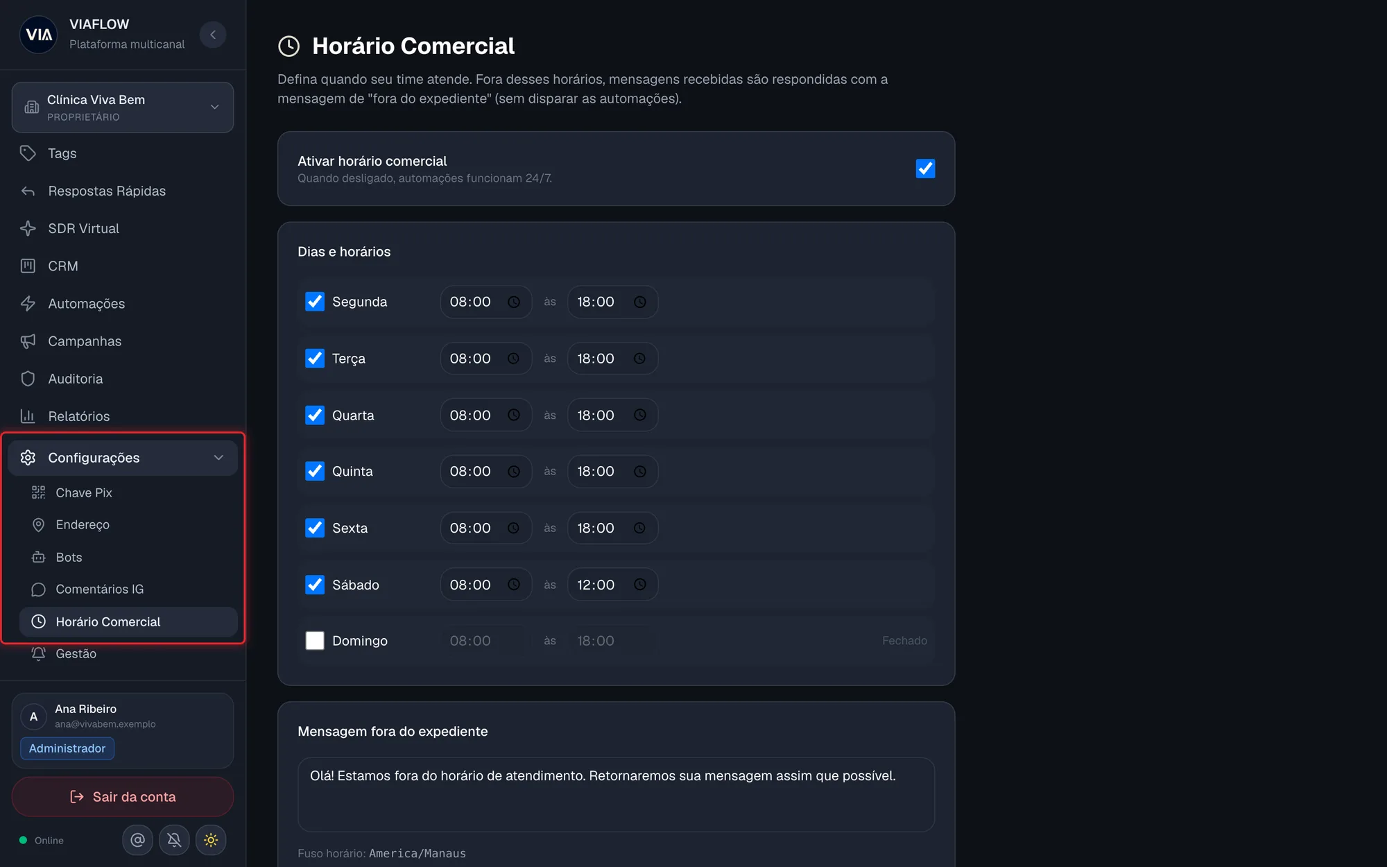 Horário Comercial dentro de Configurações no menu lateral