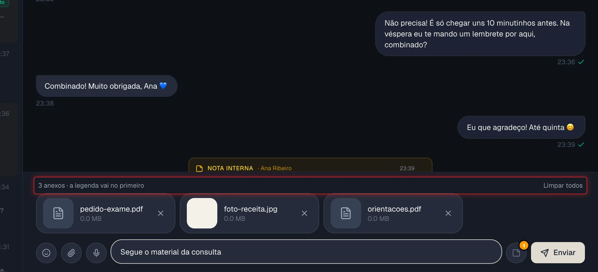 Fila com vários anexos aguardando envio acima do campo de resposta