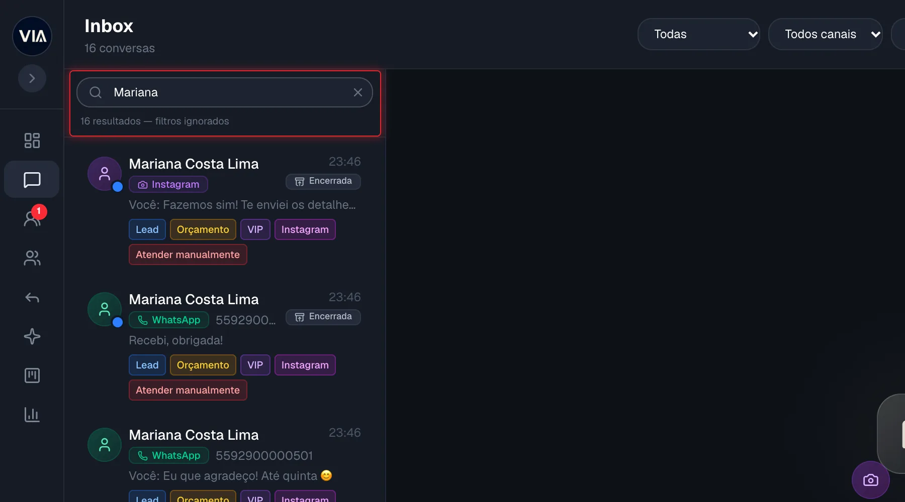 Campo de busca do Inbox com resultados