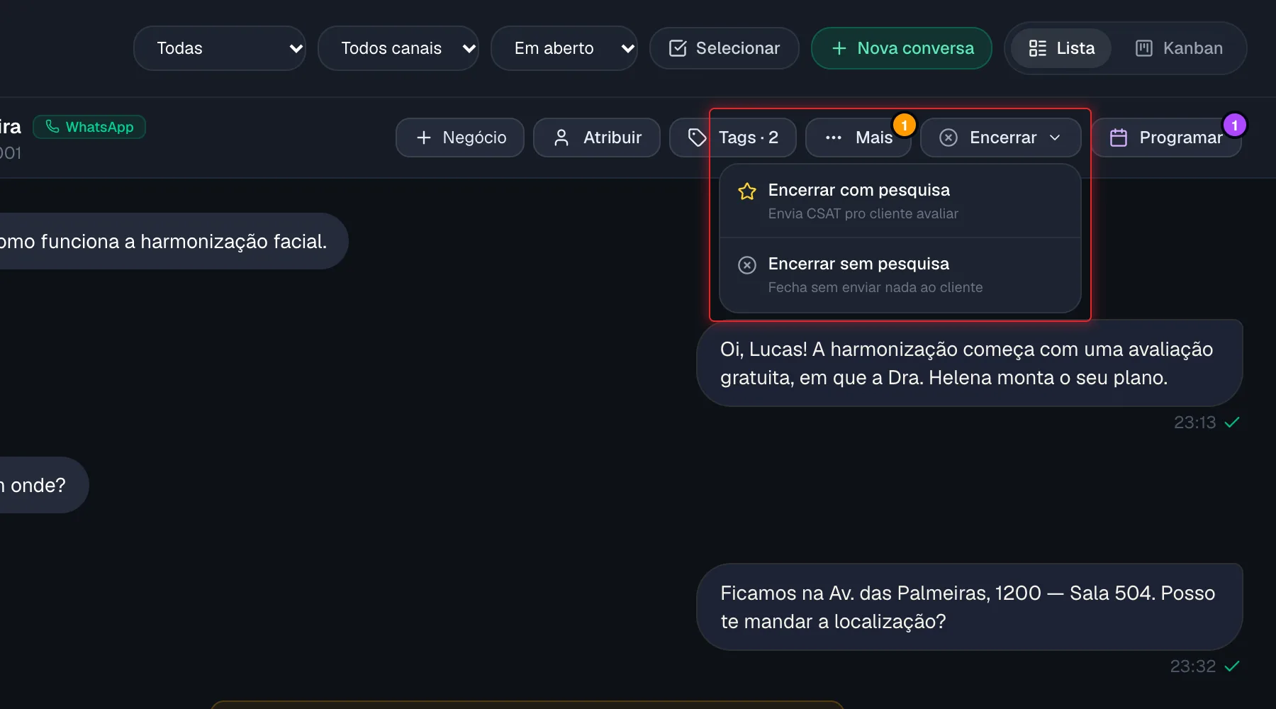 Menu do botão Encerrar com as opções com e sem pesquisa