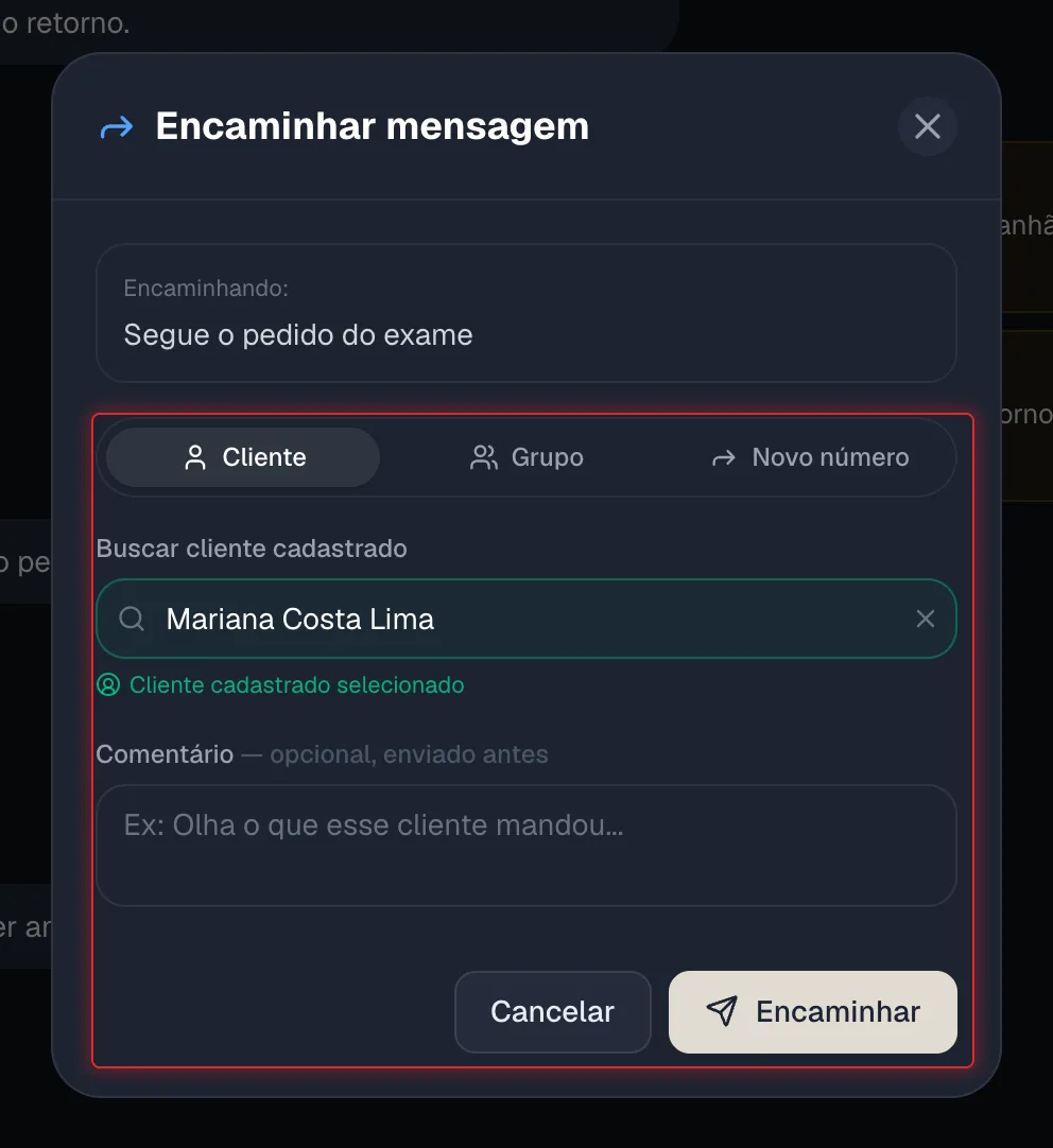 Janela Encaminhar mensagem com as abas Cliente, Grupo e Novo número