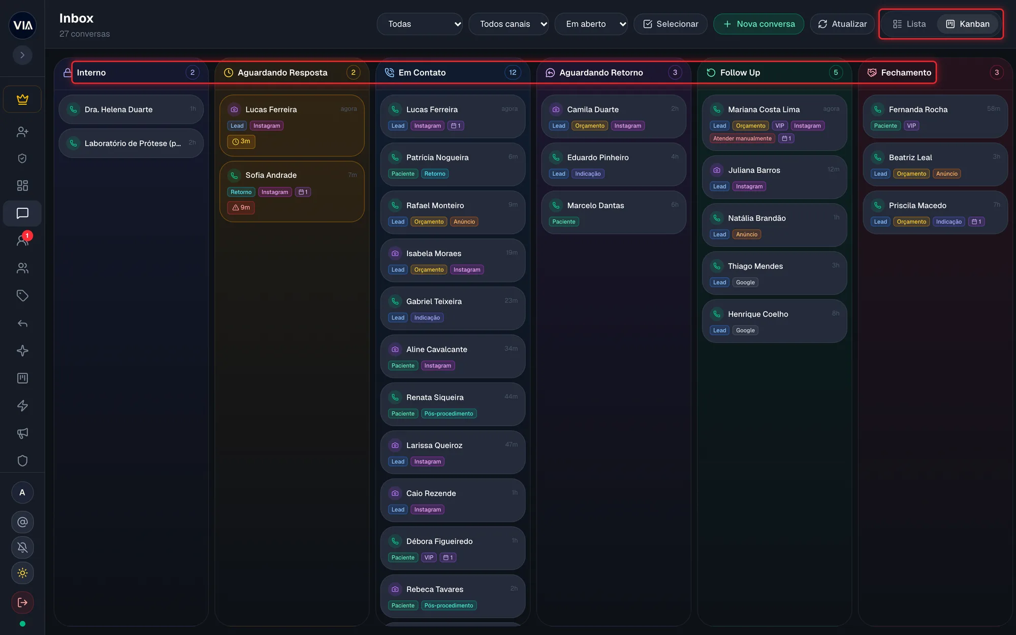 Inbox no modo Kanban com as seis colunas