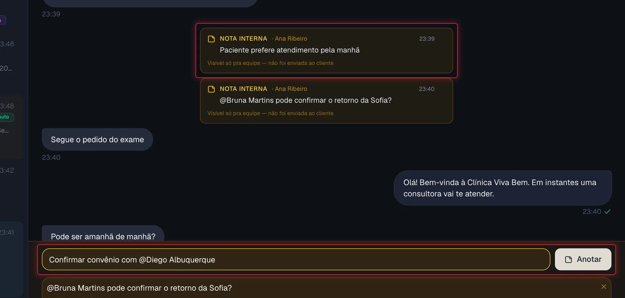 Painel de notas internas aberto abaixo da conversa