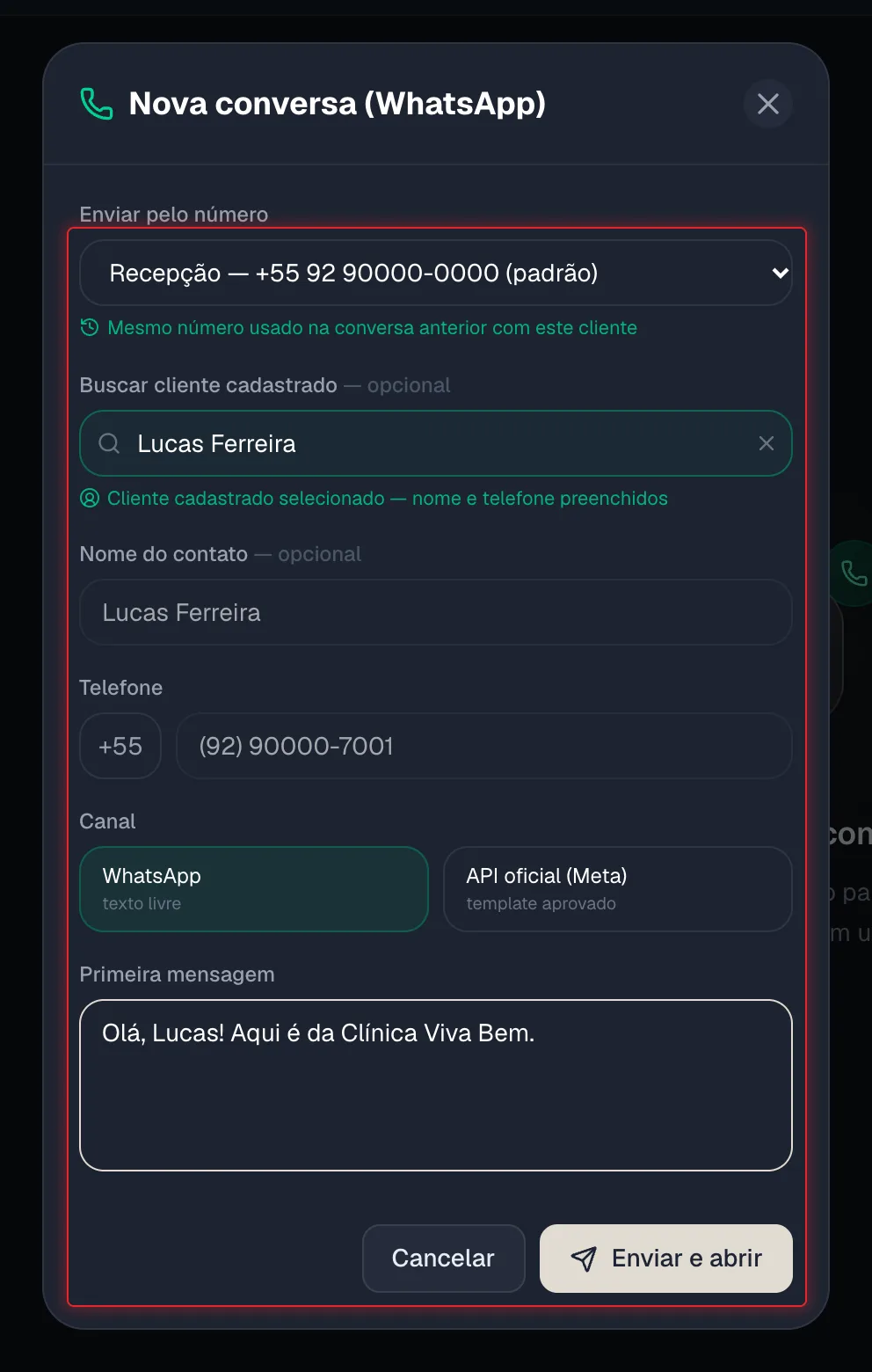 Janela Nova conversa (WhatsApp) preenchida