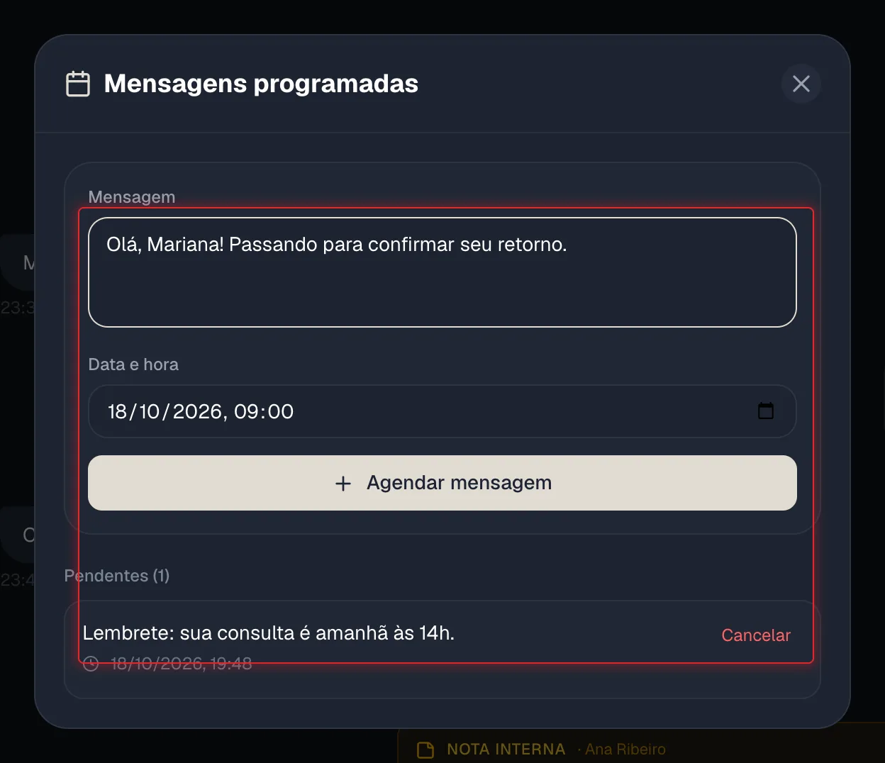 Janela Mensagens programadas com o formulário e a lista de pendentes