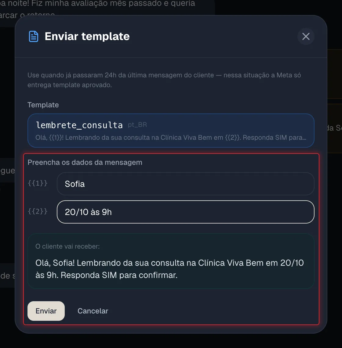 Janela Enviar template com a prévia da mensagem