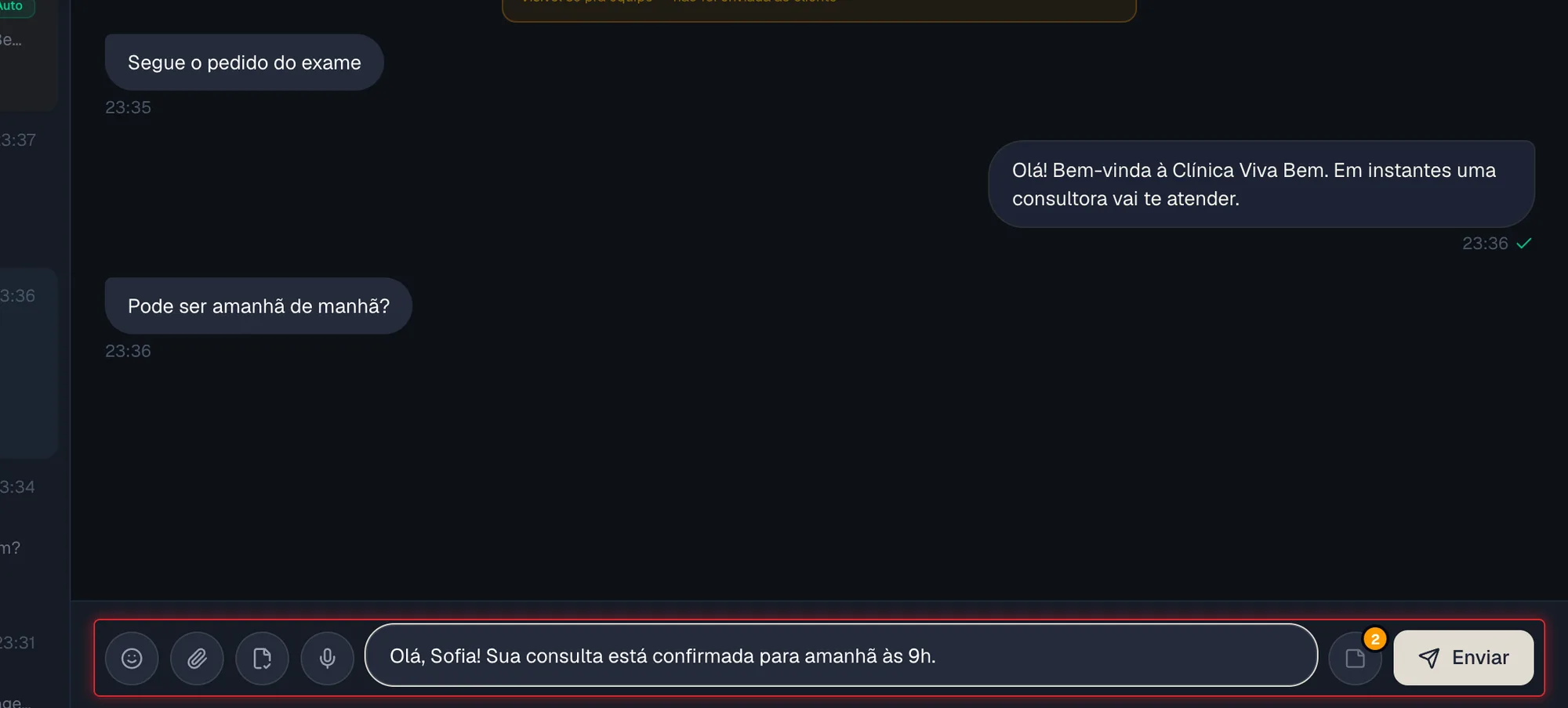 Campo de resposta com os botões de emoji, anexo, áudio, notas e Enviar