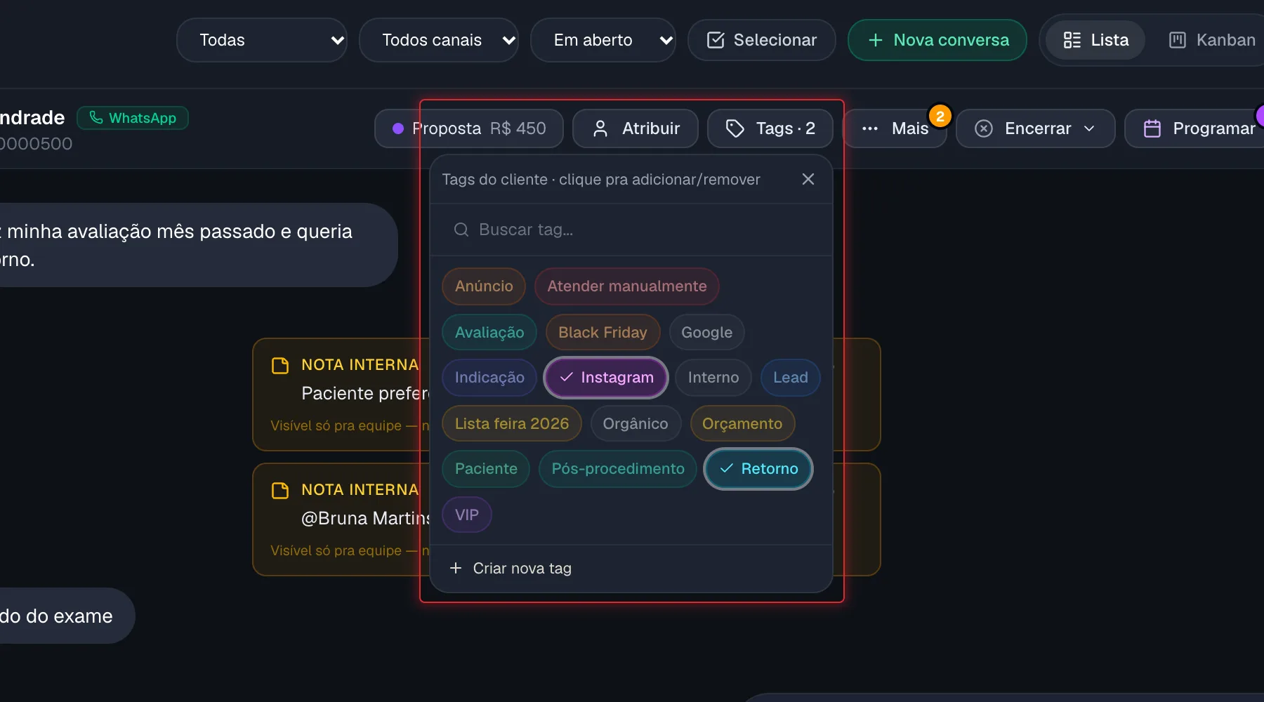 Janela de tags do cliente aberta a partir do botão Tags