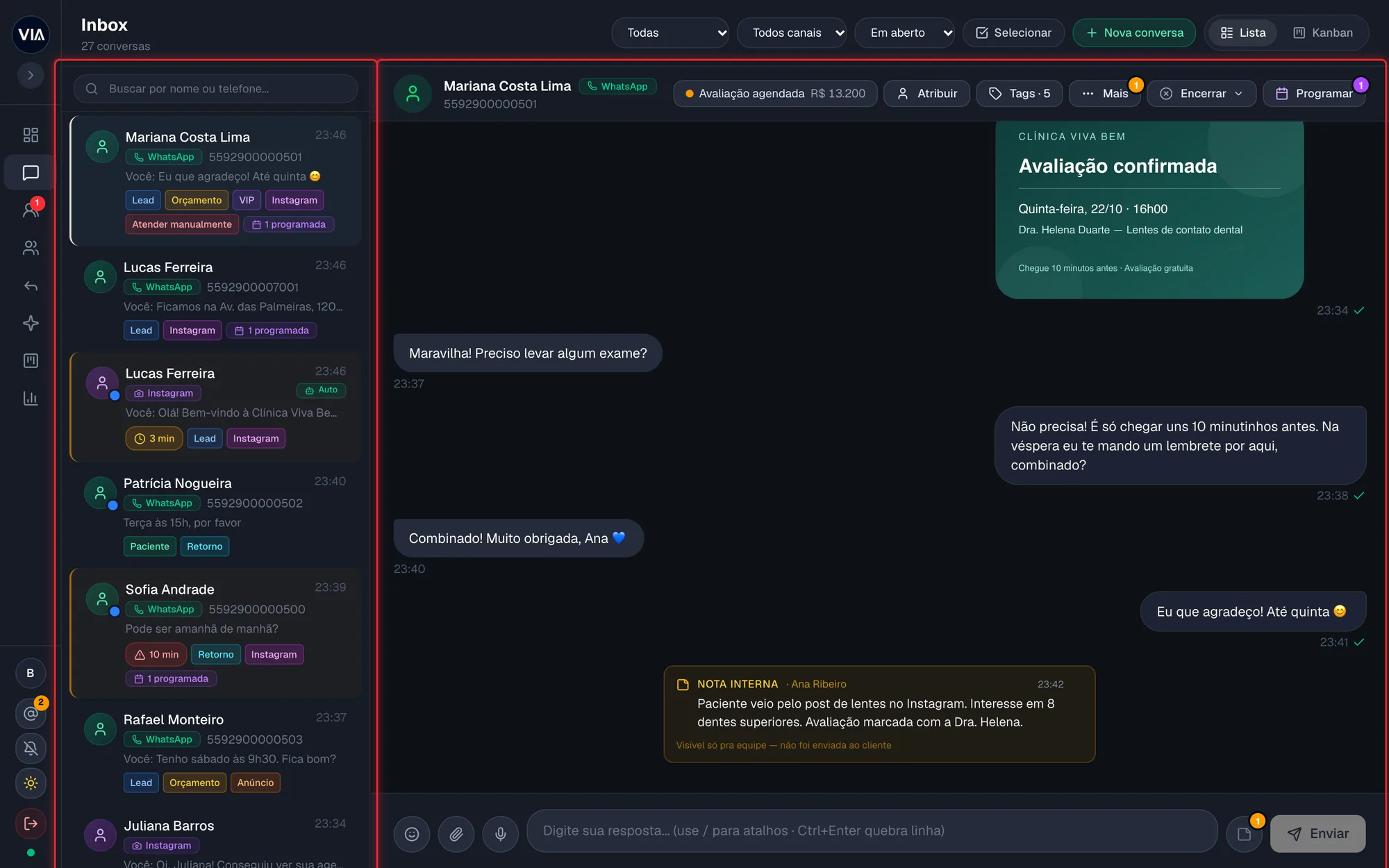 Tela do Inbox com a lista de conversas à esquerda e uma conversa aberta à direita