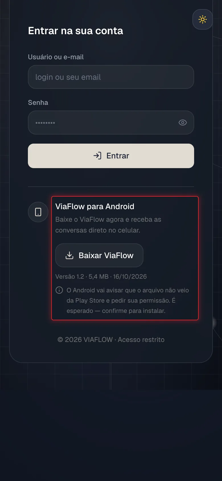 Bloco ViaFlow para Android na tela de login, com o botão Baixar ViaFlow